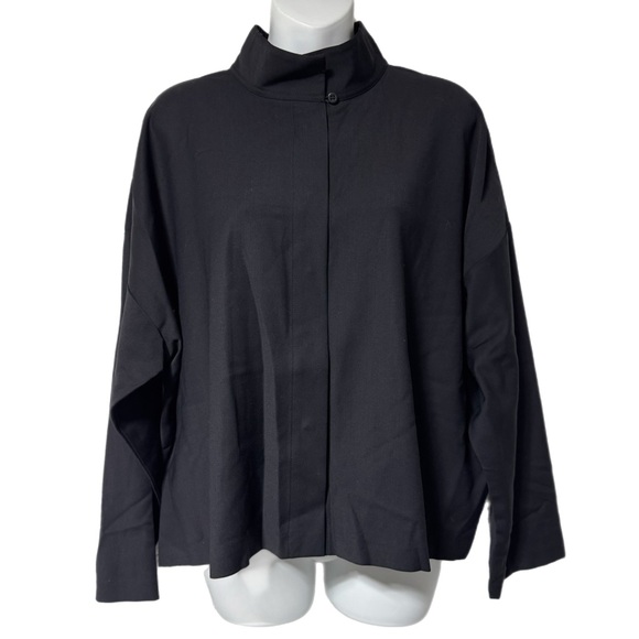 Eileen Fisher Wool Blend Black Stand Collar Hidden Placket Box Top Shirt M - Picture 1 of 11